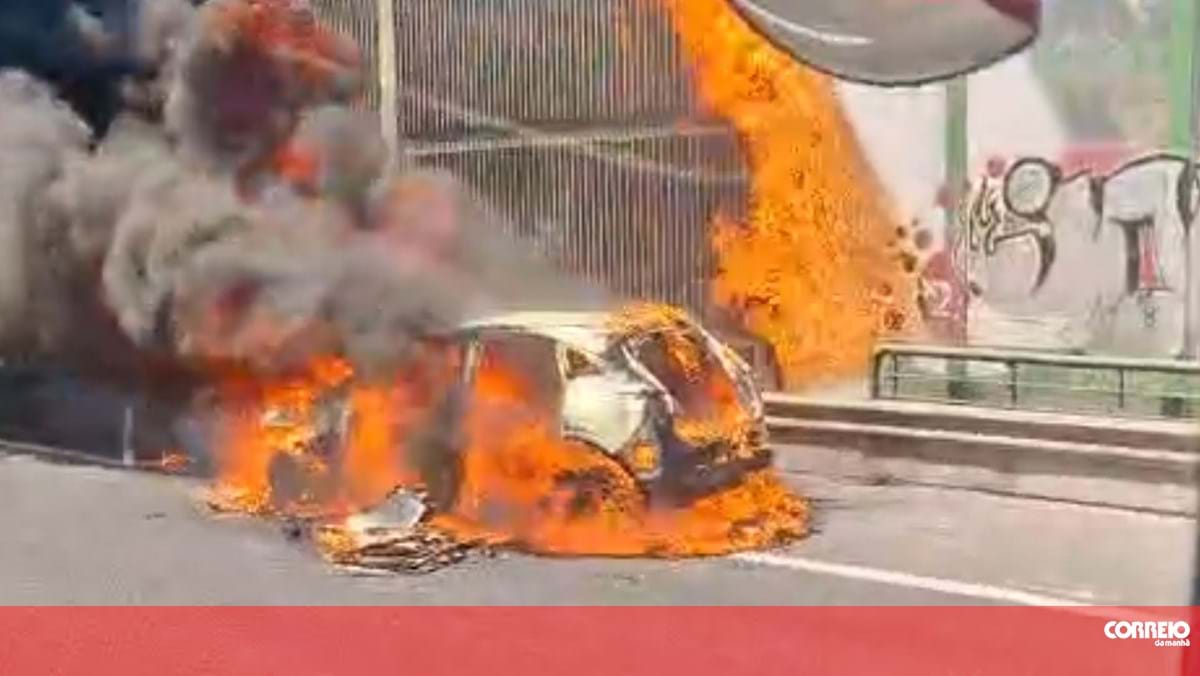 Carro destruído pelas chamas na A1. Veja as imagens