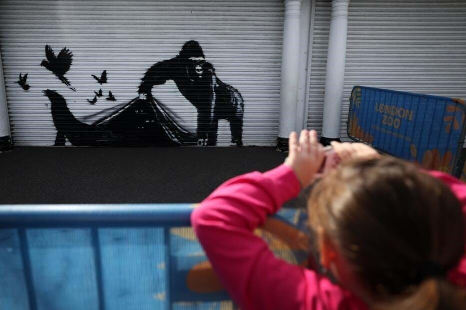 Um gorila na fachada do Zoo de Londres, em Camden, é o nono animal pintado por Banksy na capital inglesa