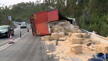 Camião carregado com fardos de palha tomba no IC8 na Sertã