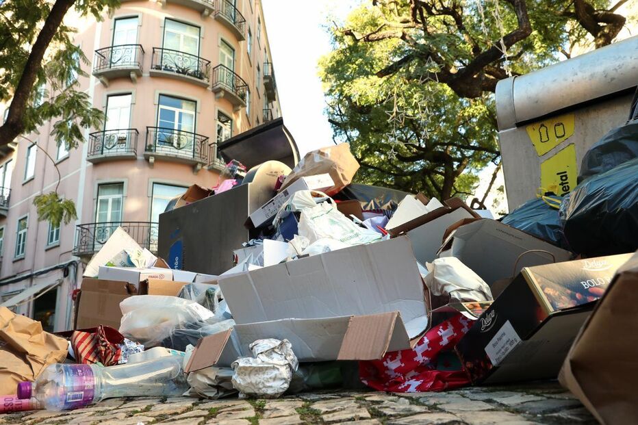 Lixo acumulado em caixotes na Avenida Miguel Bombarda 