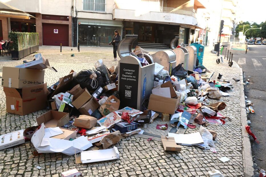 Lixo acumulado em caixotes na Avenida Miguel Bombarda