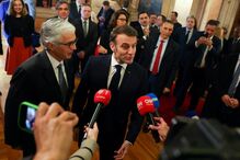 José Pedro Aguiar-Branco e Emmanuel Macron durante visita do chefe de Estado francês a Portugal 