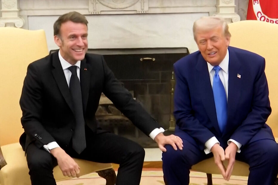 Momentos descontraídos e apertos de mão calorosos durante o encontro de Macron e Trump na Casa Branca 