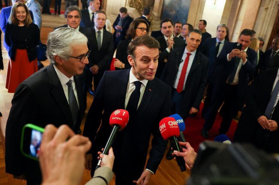 José Pedro Aguiar-Branco e Emmanuel Macron durante visita do chefe de Estado francês a Portugal 