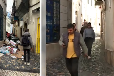 Caixotes do lixo vandalizados no bairro da Mouraria