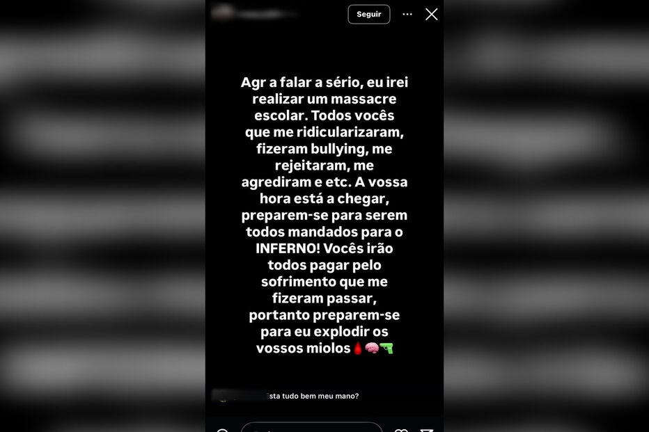 Partilha de jovem de 16 anos  sobre vontade que tem em desenvolver massacre em escola 