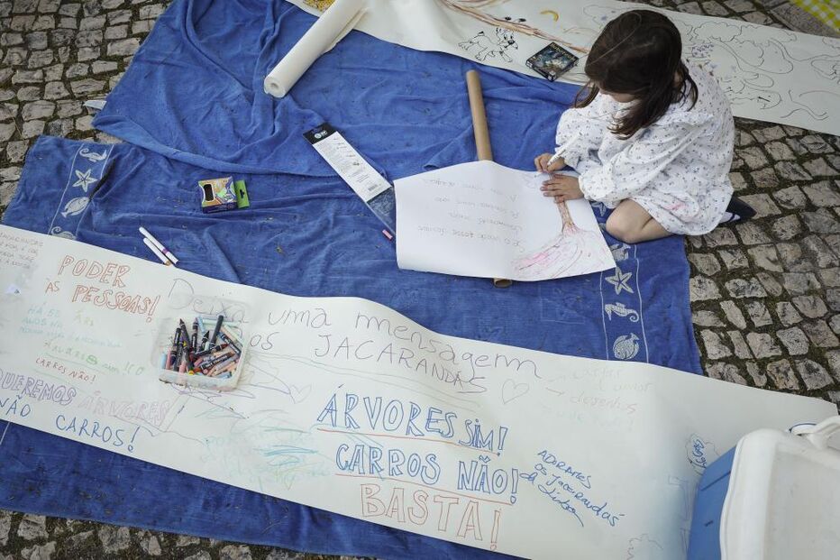 Uma criança participa numa concentração contra o abate de jacarandás na Avenida 5 de Outubro, em Lisboa