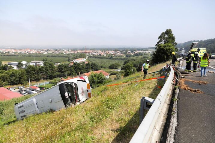 Milagre na A8: camião com 40 toneladas de areia embate em autocarro com 37 crianças e atira-os para ribanceira