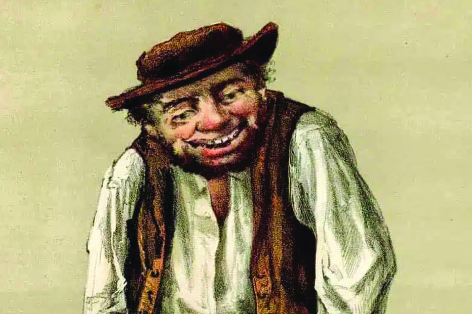 Ilustração de um homem com um chapéu, colete e calças, com as mãos nos bolsos
