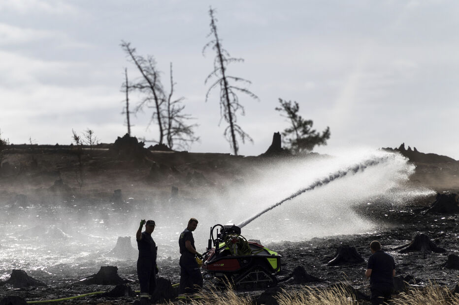 Bombeiros combatem incêndio florestal na Turíngia, Alemanha