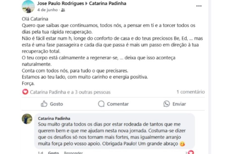 Mensagem de apoio a Catarina Padinha na sua recuperação, com agradecimento pelo apoio