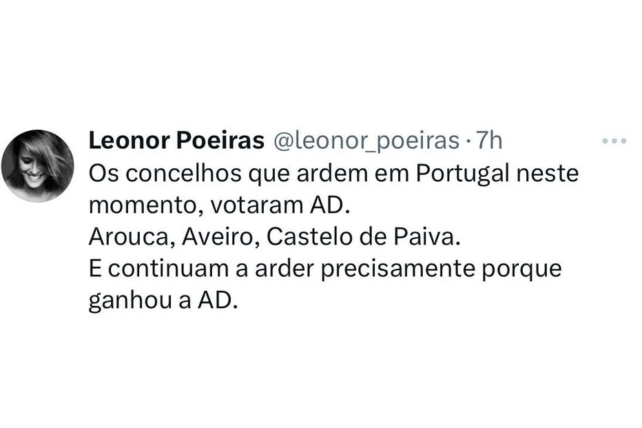 Leonor Poeiras associa incêndios em Portugal a votos na AD nos concelhos de Arouca, Aveiro e Castelo de Paiva