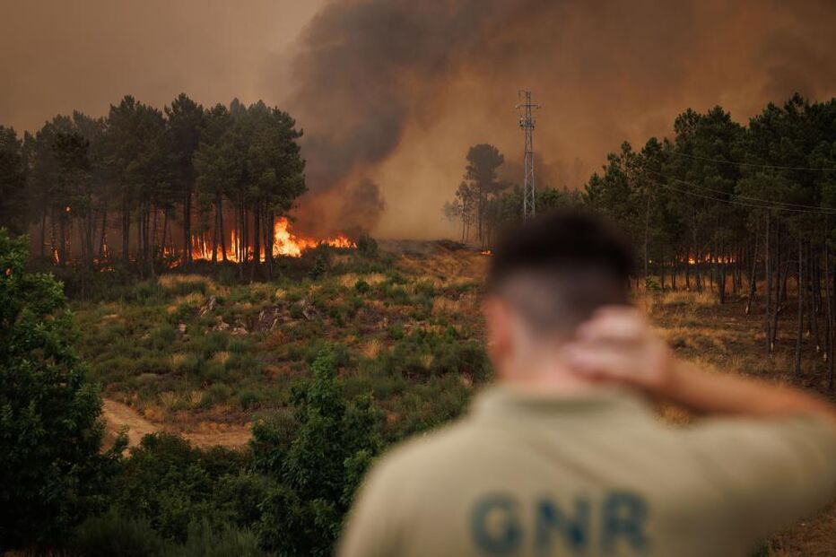Agente da GNR observa as chamas durante um incêndio em São Martinho da Anta, concelho de Sabrosa, Vila Real, 2 de agosto de 2025.
