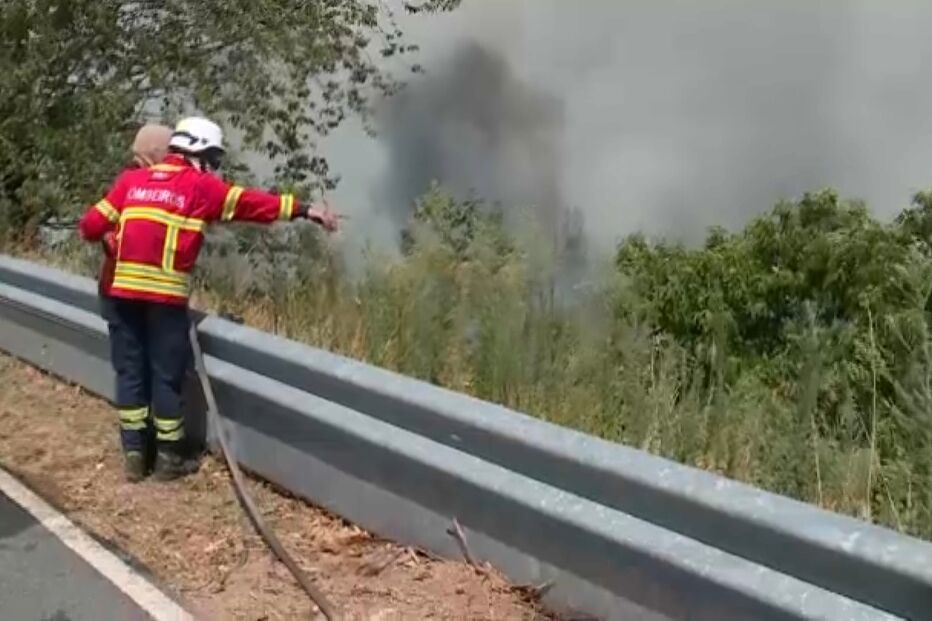 Bombeiros e moradores combatem chamas perto de Arganil para proteger casas.
