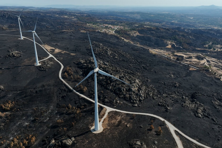 Paisagem de Trancoso com eólicas e área florestal queimada