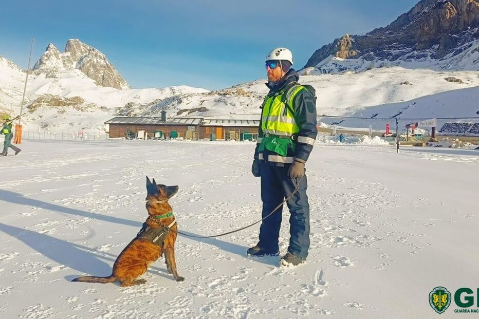 Militar da GNR com cão de resgate em zona de neve, montanha ao fundo