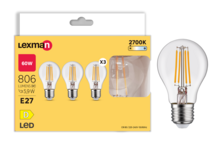 Lâmpadas LED Lexman E27, 60W, 806 lúmens, 2700K, classe energética D