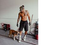 Lewis Hamilton posa com o seu bulldog, numa garagem