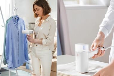 Ferro vertical a vapor remove vincos e higieniza tecidos com facilidade.
