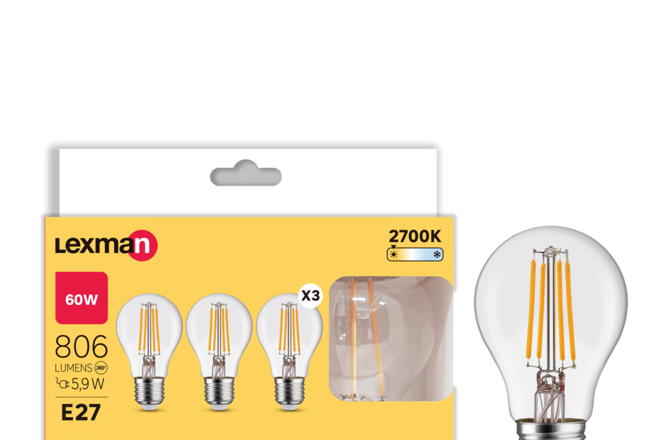 Lâmpadas LED Lexman E27, 60W, 806 lúmens, 2700K, classe energética D