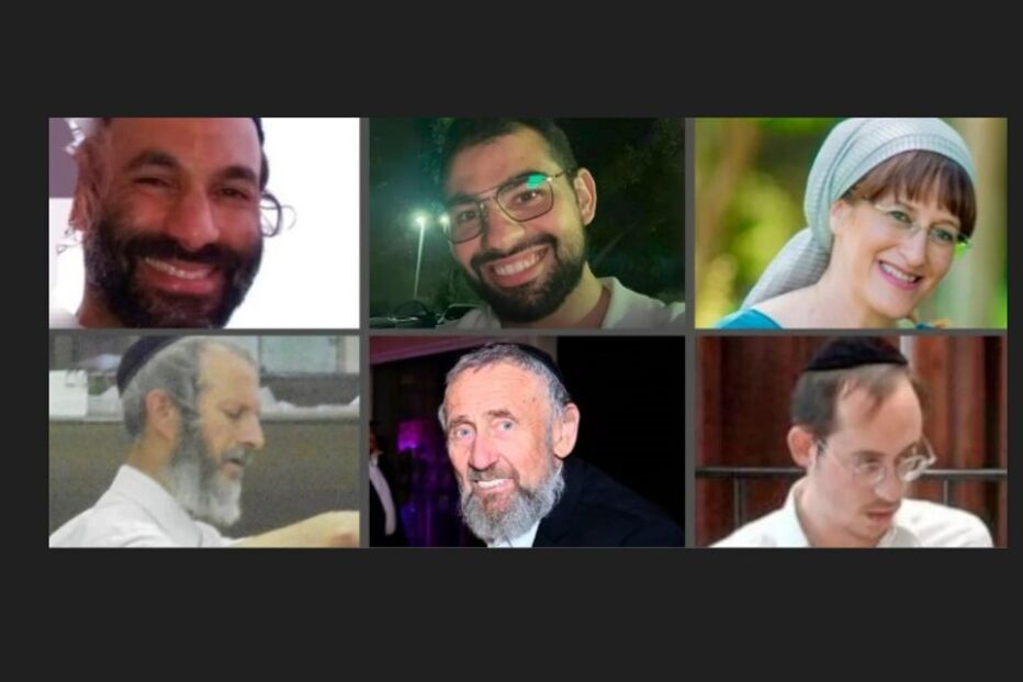Vítimas do ataque em Jerusalém: Yosef David, Yaakov Pinto e Sarah Mendelson (linha de cima); e Levi Yitzhak Pash, Mordechai 