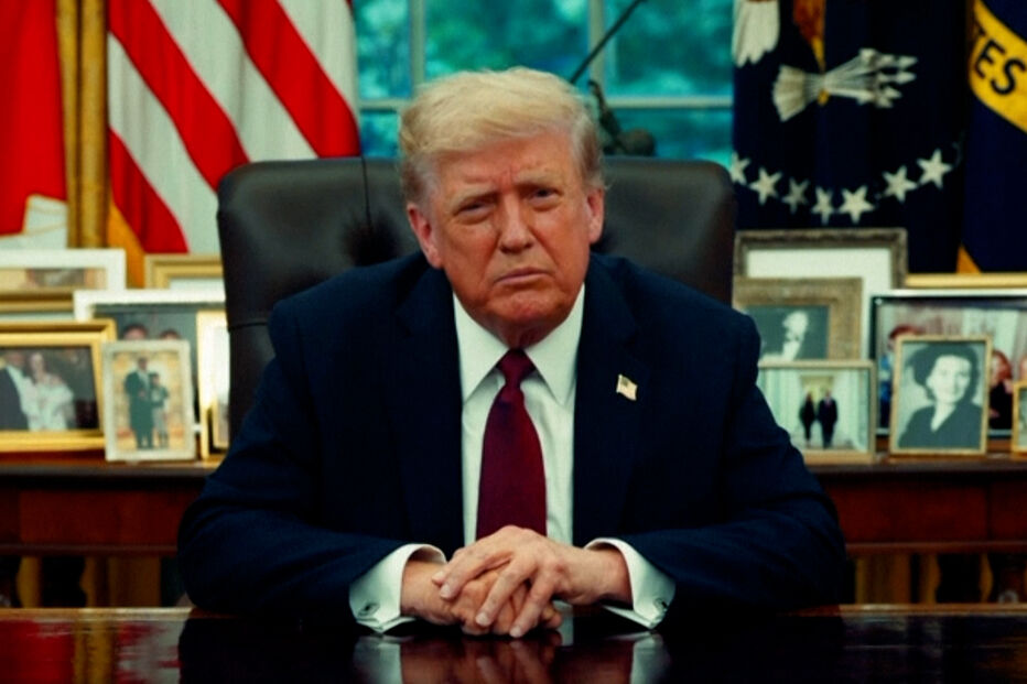 Trump posa para foto atrás de uma mesa com fotografias