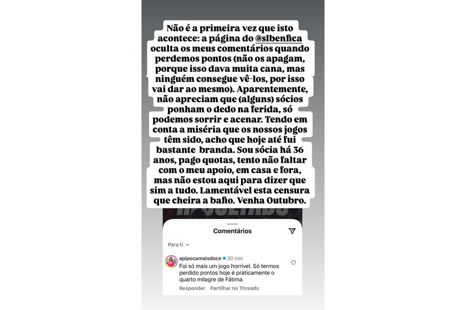 Adepta do SLBenfica acusa clube de censura após comentários ocultados nas redes sociais