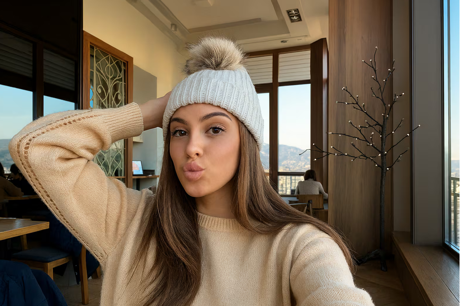 Mulher com gorro posa num espaço interior soalheiro