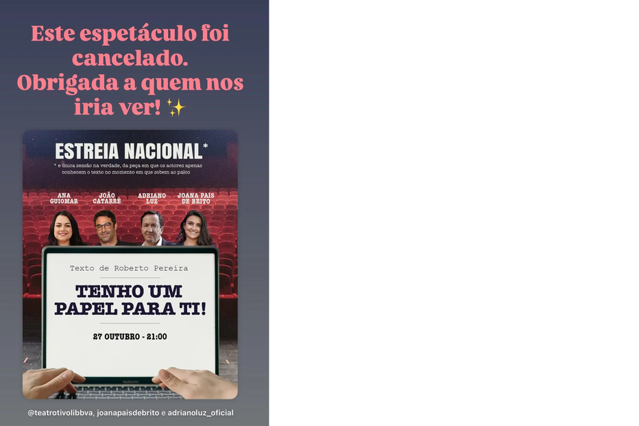 Peça com Joana Pais de Brito e João Catarré cancelada