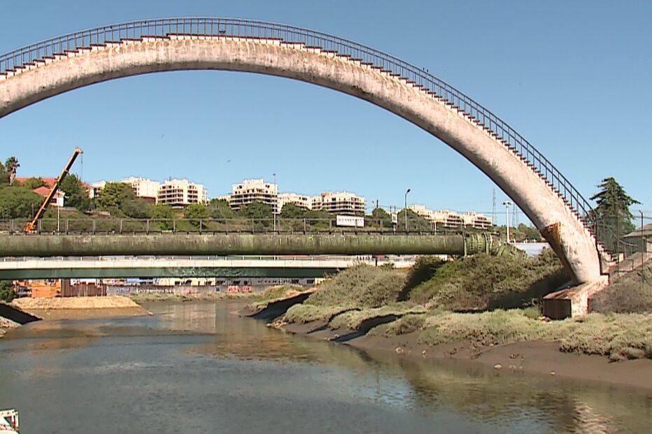 Paisagem urbana com pontes sobre um rio em Sacavém, Portugal