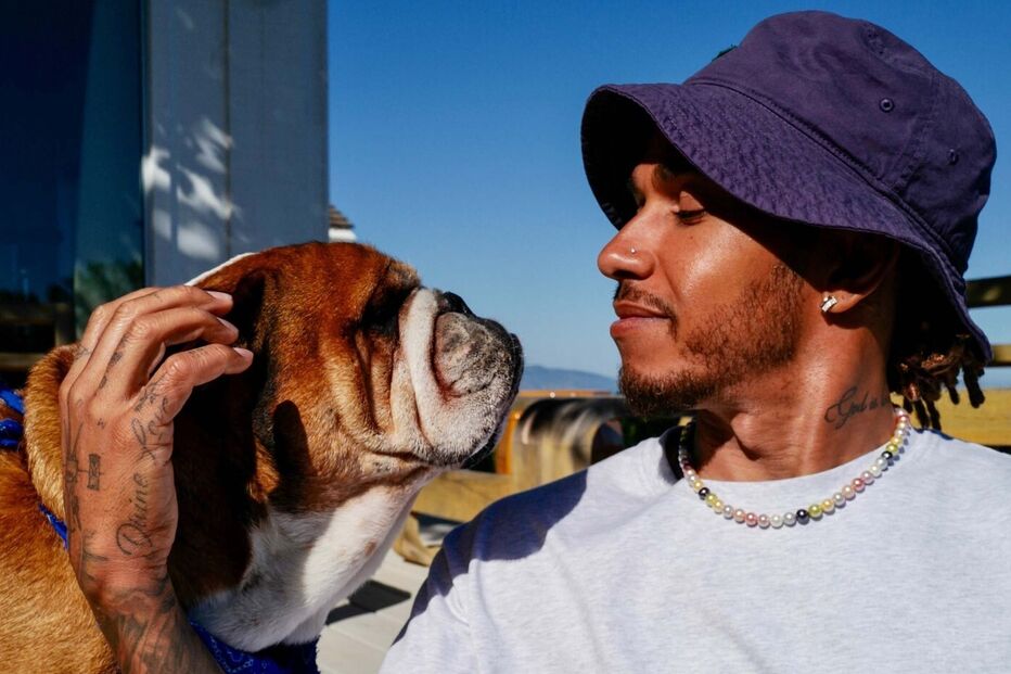Lewis Hamilton surge com um bulldog, exibindo um visual casual com chapéu e colar de pérolas