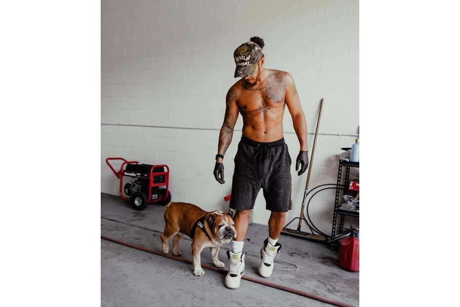 Lewis Hamilton posa com o seu bulldog, numa garagem