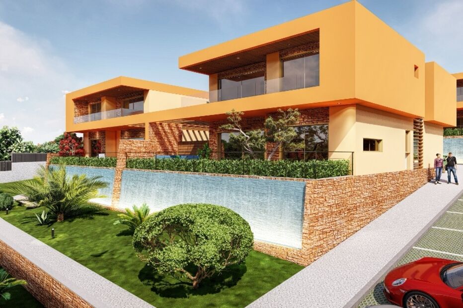 Casas modernas com jardim e estacionamento