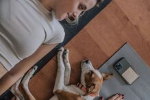 Mulher relaxa na esteira de ioga com dois cães