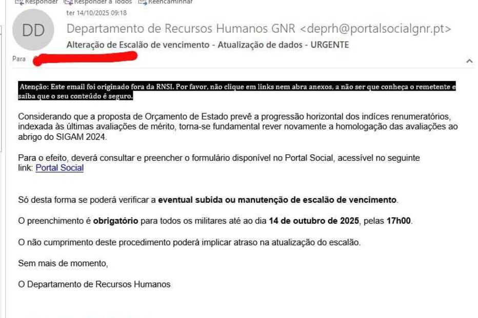 GNR alerta para email fraudulento sobre alteração de escalão