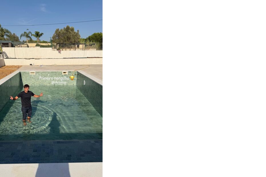 Lourenço Ortigão mostra piscina na nova mansão com Kelly Bailey