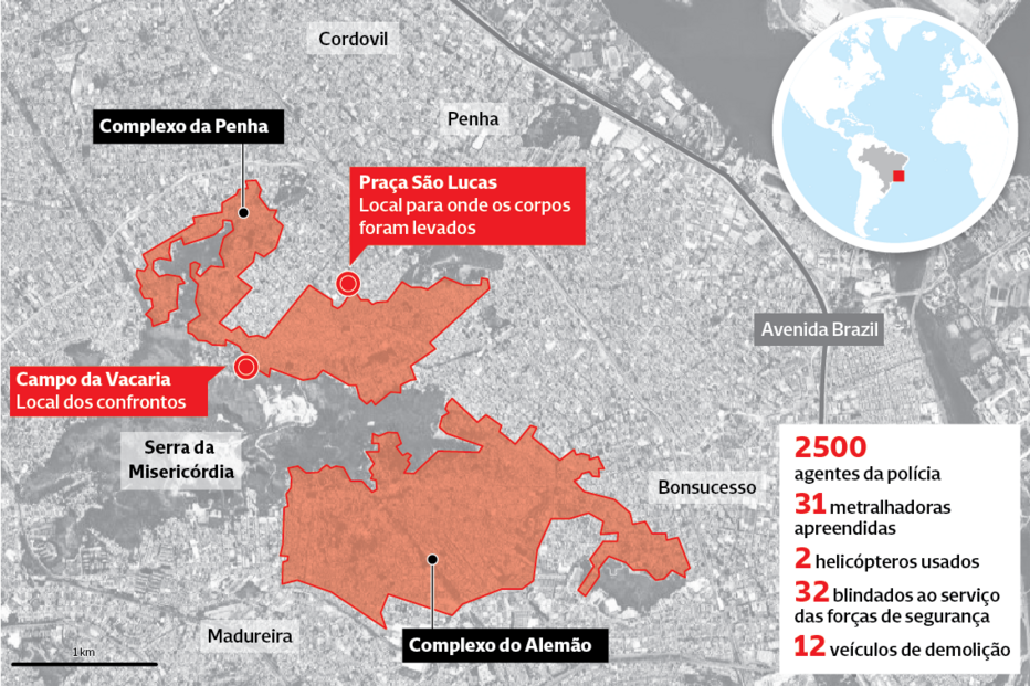 Mapa que representa a operação mais letal na história do Rio de Janeiro