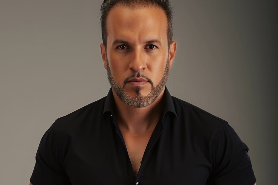 Homem posa com camisa preta, calças pretas e cinto castanho