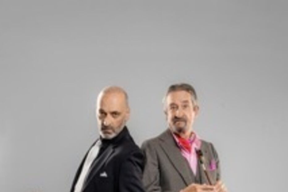 Fotografia de Carlos Galileu e Jorge Palma com instrumentos musicais