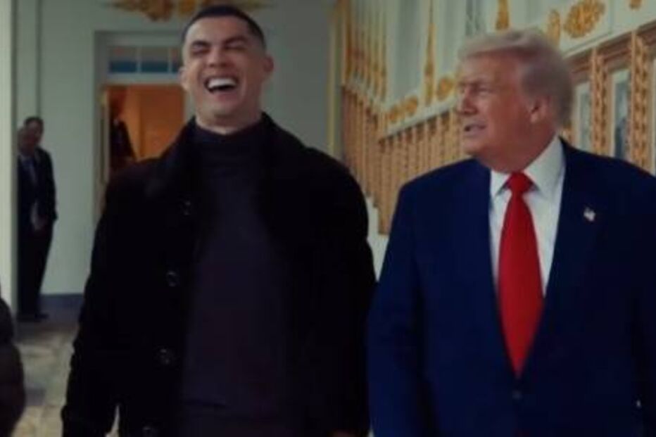 Cristiano Ronaldo e Donald Trump juntos num corredor.
