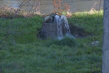 Água jorra de estrutura de pedra num campo relvado junto a um rio