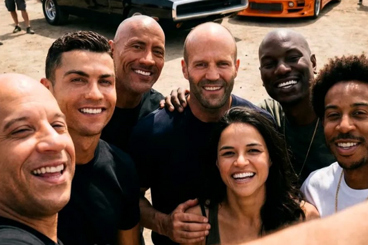 Cristiano Ronaldo com elenco da saga Velocidade Furiosa numa imagem que terá sido, muito provavelmente, criada por IA