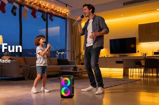 Karaoke em família com coluna Ankuka e microfones, sucesso na Amazon.
