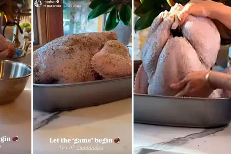 Meghan Markle prepara o peru para o Dia de Ação de Graças.
