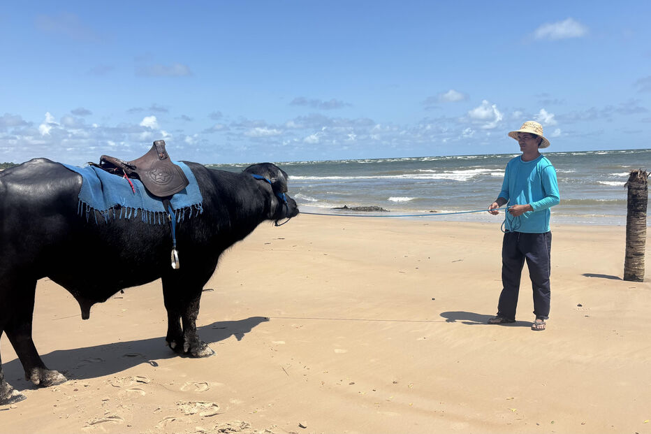 Rafael vivo do turismo como artesão e organizador de passeios de Búfalo na praia. A sua casa era no local da imagem, onde agora é zona de banhos