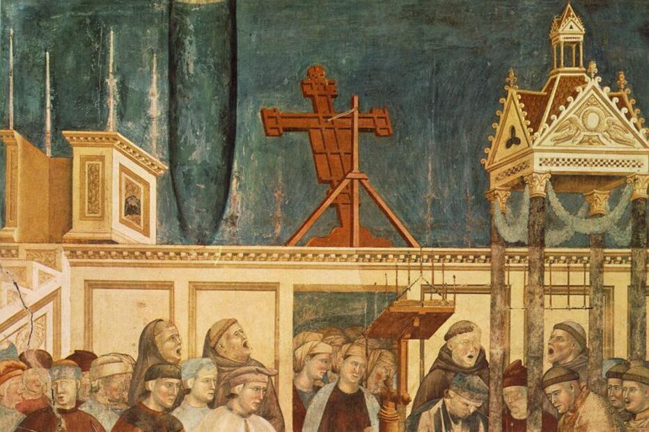 Presépio retratado numa pintura renascentista com pessoas em adoração