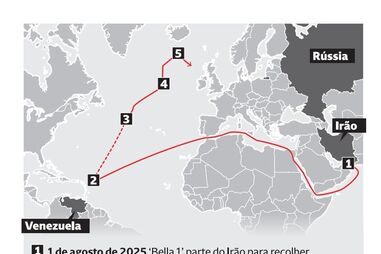 Percurso feito pelo petroleiro Bella 1 capturado pelos EUA no Atlântico