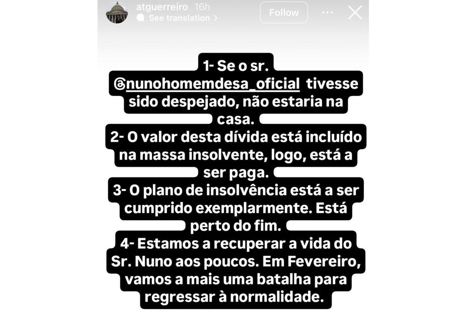 Nuno Homem de Sá aborda dívidas, despejo e processo judicial.
