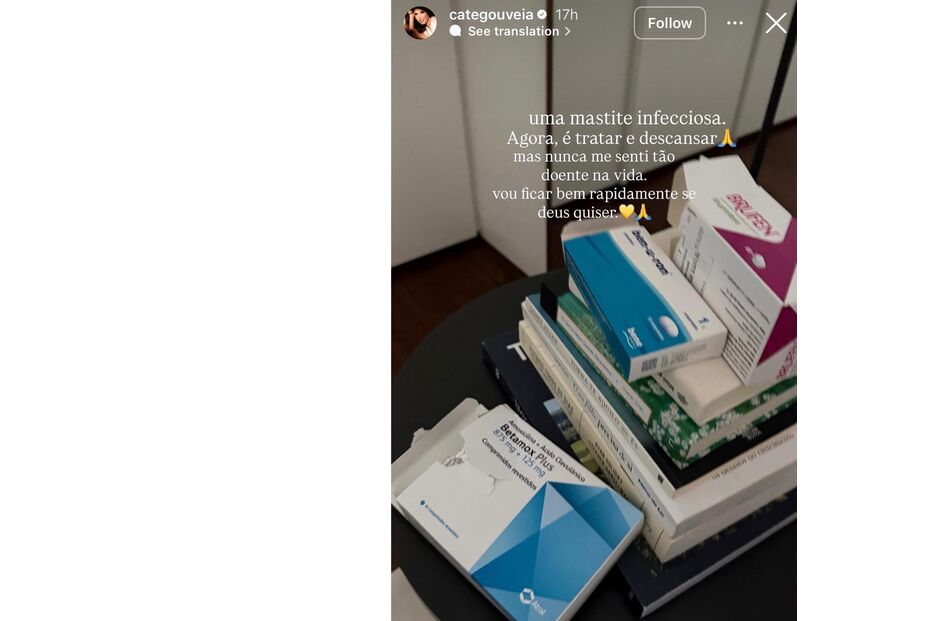 Catarina Gouveia revela mastite infeciosa e repouso para recuperação.
