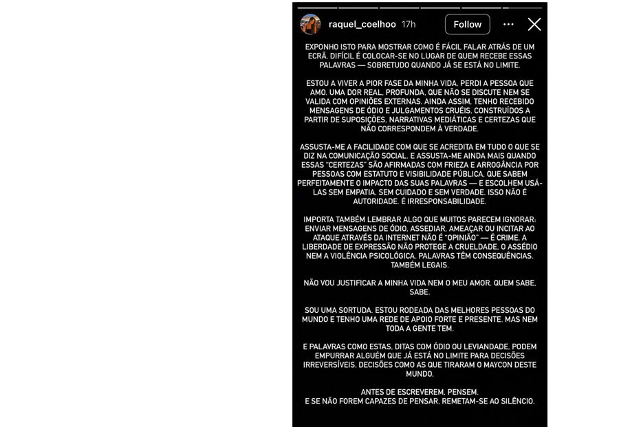Raquel Coelho expõe mensagens de ódio após a morte de Maycon Douglas